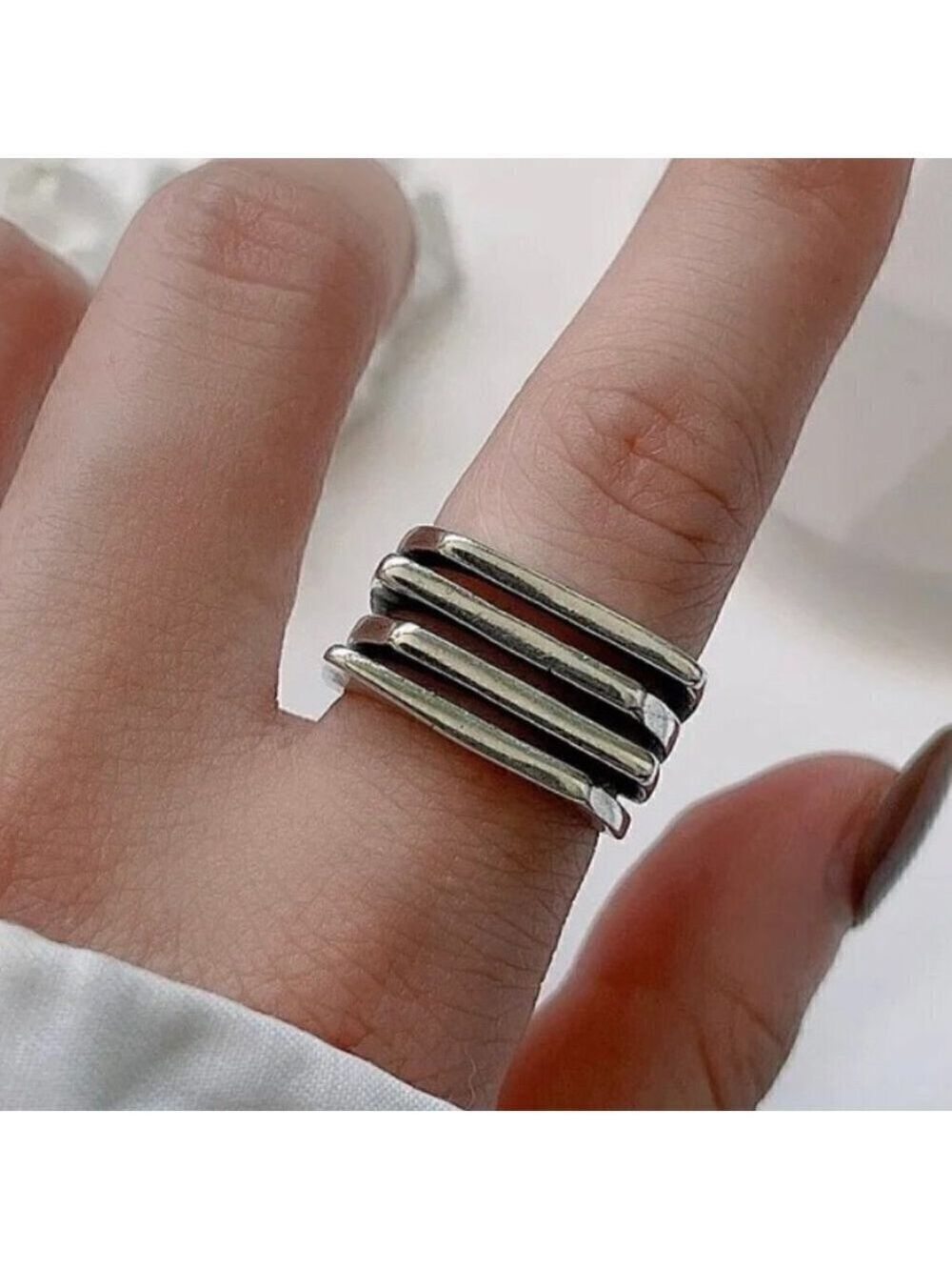 Silver Tone Wrapped Square Front Layered Adjustable Boho Ring #1233